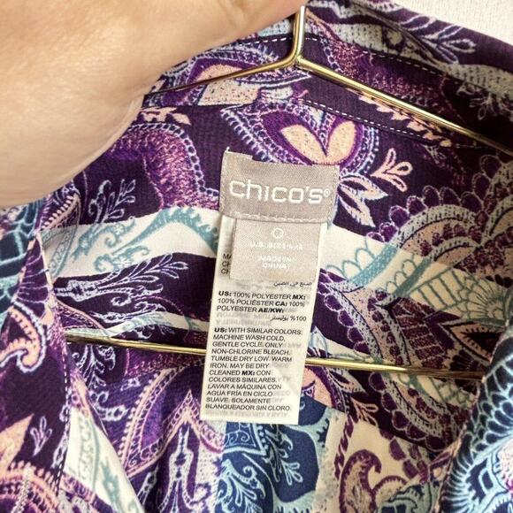 Chico's white purple paisley print long sleeve collared top womens sz 0 - Picture 2 of 7